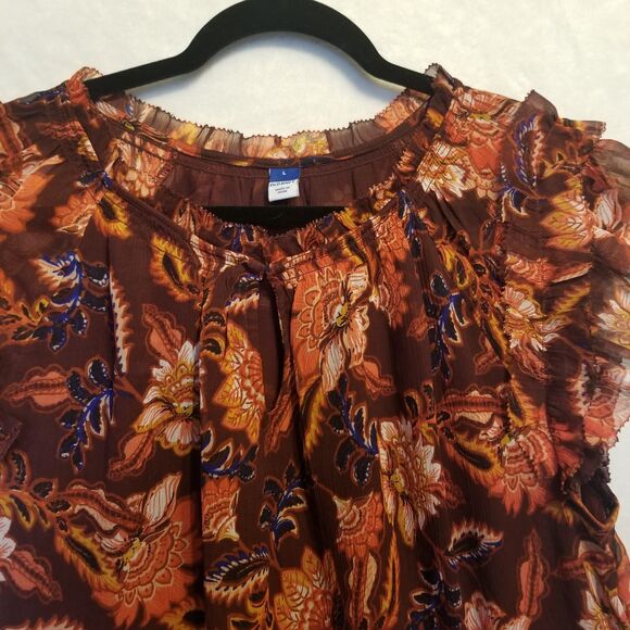 Old Navy L Top Chiffon Sheer Lined Flutter Sleeves Burgundy Dark Floral Autumn - Picture 4 of 9
